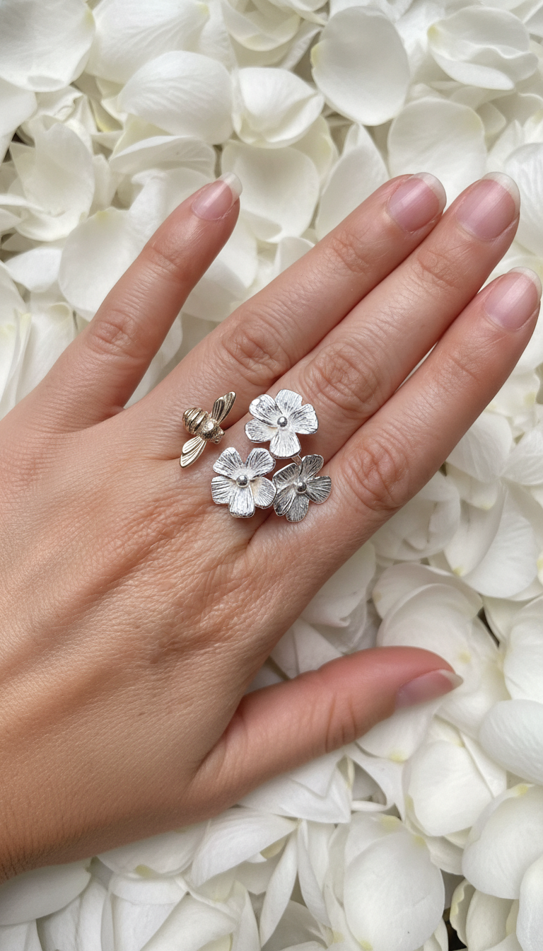 Bouquet de flores y Abeja oro 10k